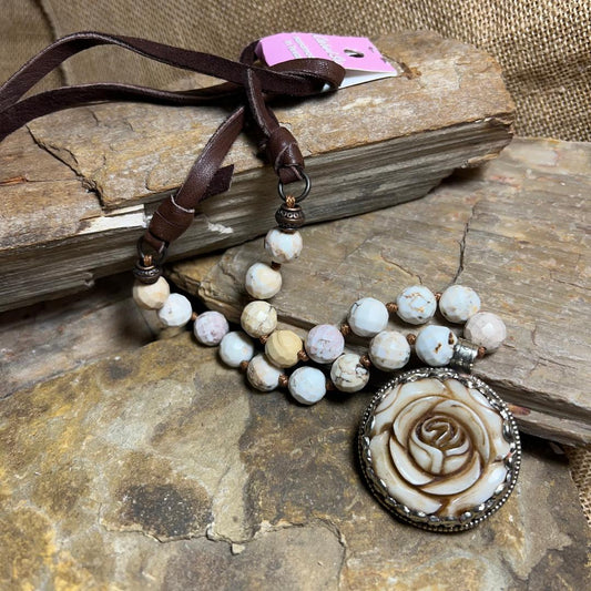 Cream Multi Bead Rose and Silver Statement Necklace