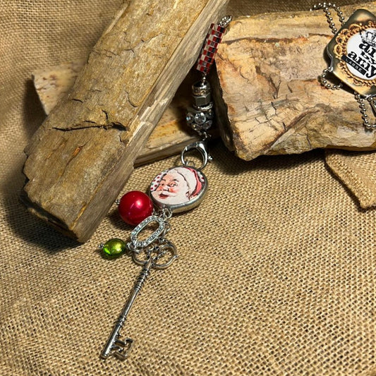Christmas Santa Key Collage Long Red Ball Bead Necklace