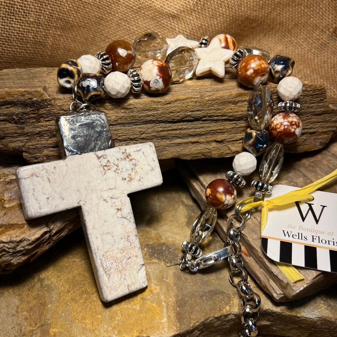 Star & Oval Shape Brown and White Bold Bead Necklace with Large Marbled Cross Pendant