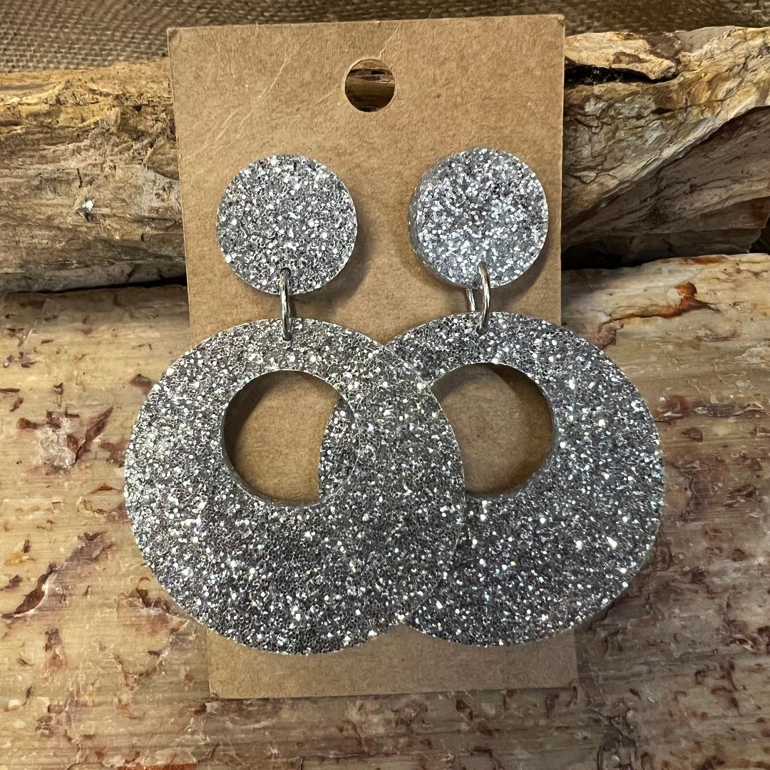 Silver Glitter Round Acrylic Dangle Earrings