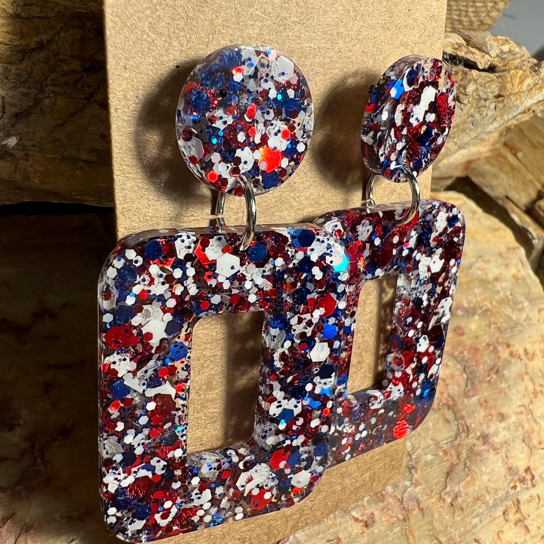 Red, White & Blue Acrylic Glitter Square Earrings