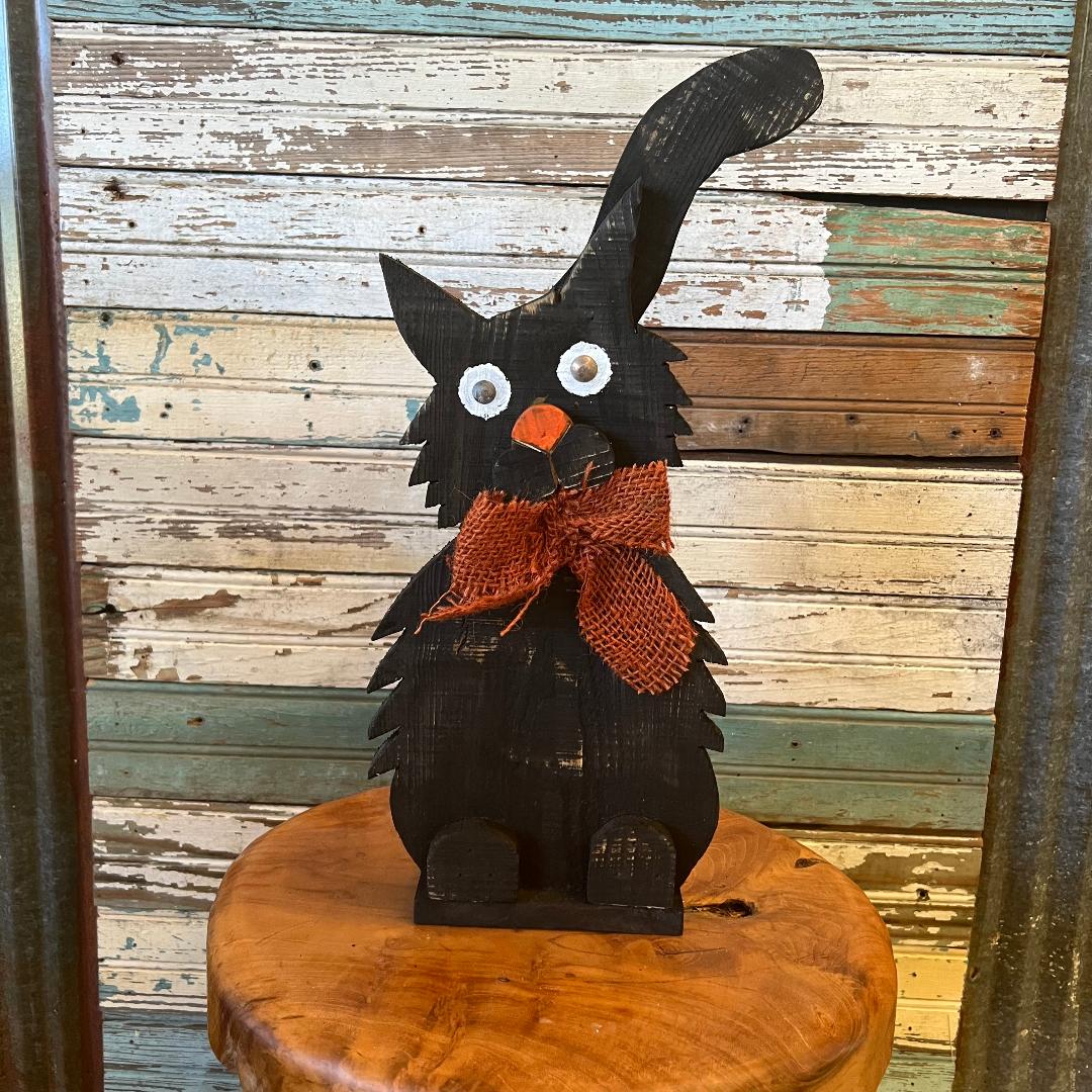 Primitive Black Wood Small Cat with Orange Bow