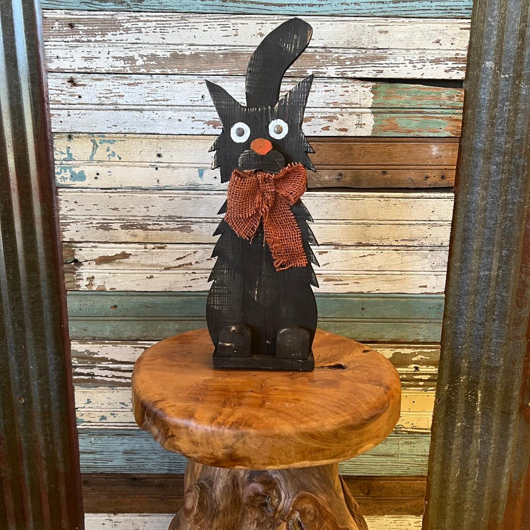 Primitive Black Wood Small Taller Cat with Orange Bow