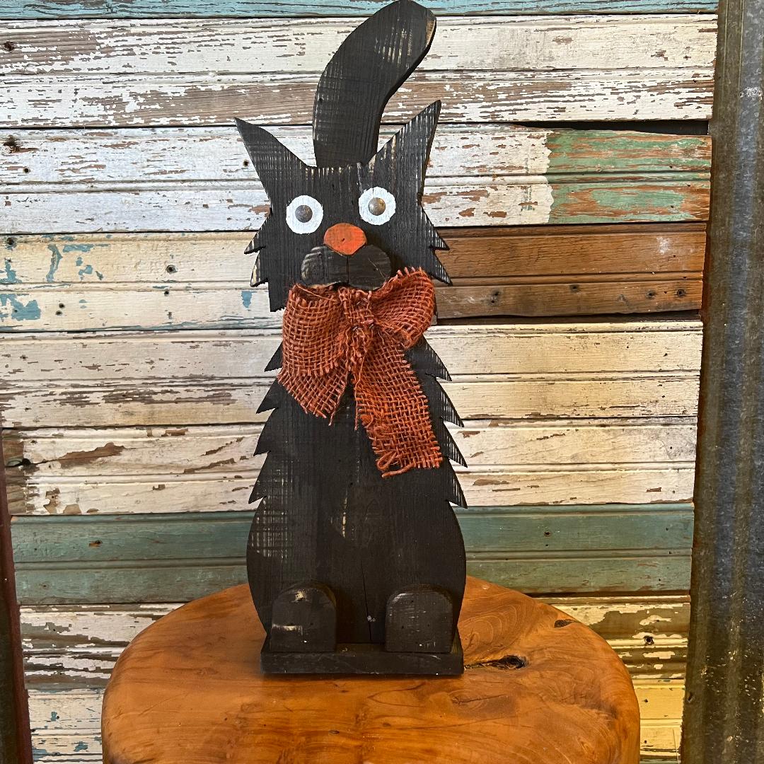 Primitive Black Wood Small Taller Cat with Orange Bow