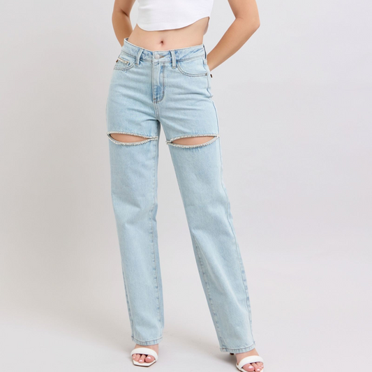 High Waist Straight Leg Jeans with Rigid Rhinestone Magic Slits