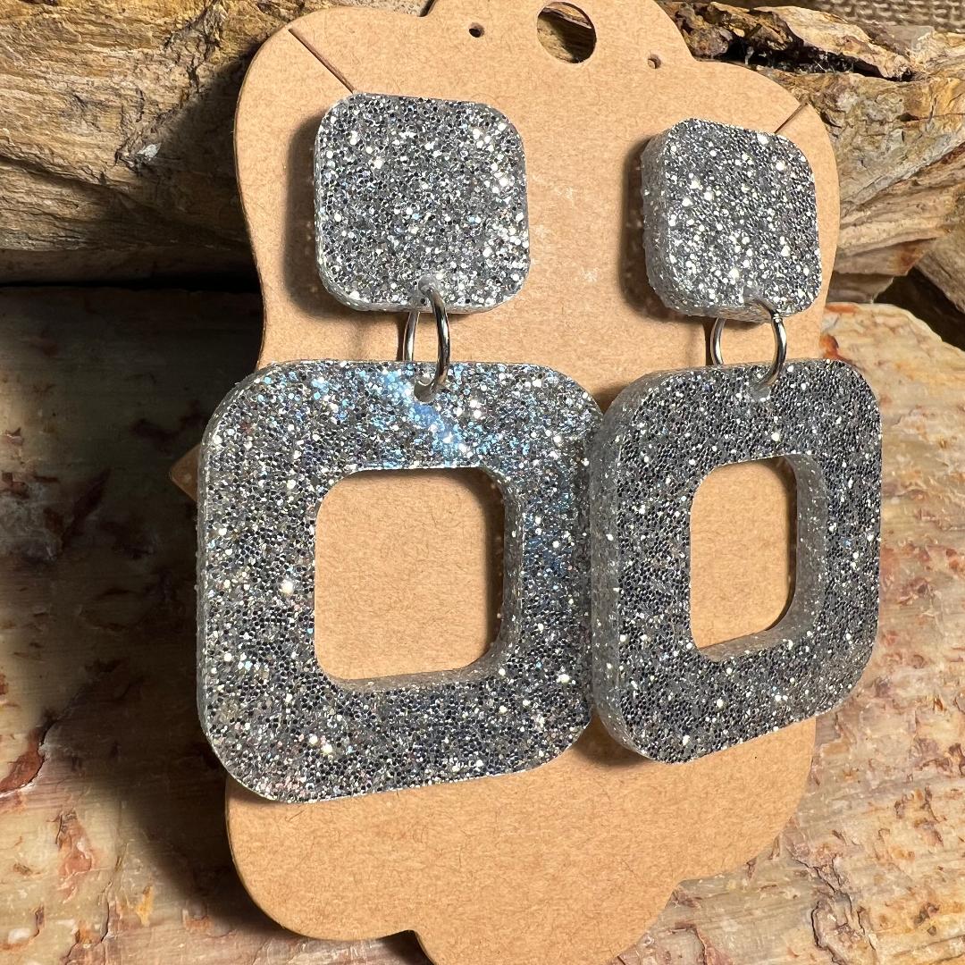 Silver Acrylic Glitter Dangle Earrings