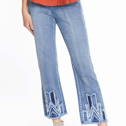 Hi Rise Straight Leg Jean with Applique at Hem