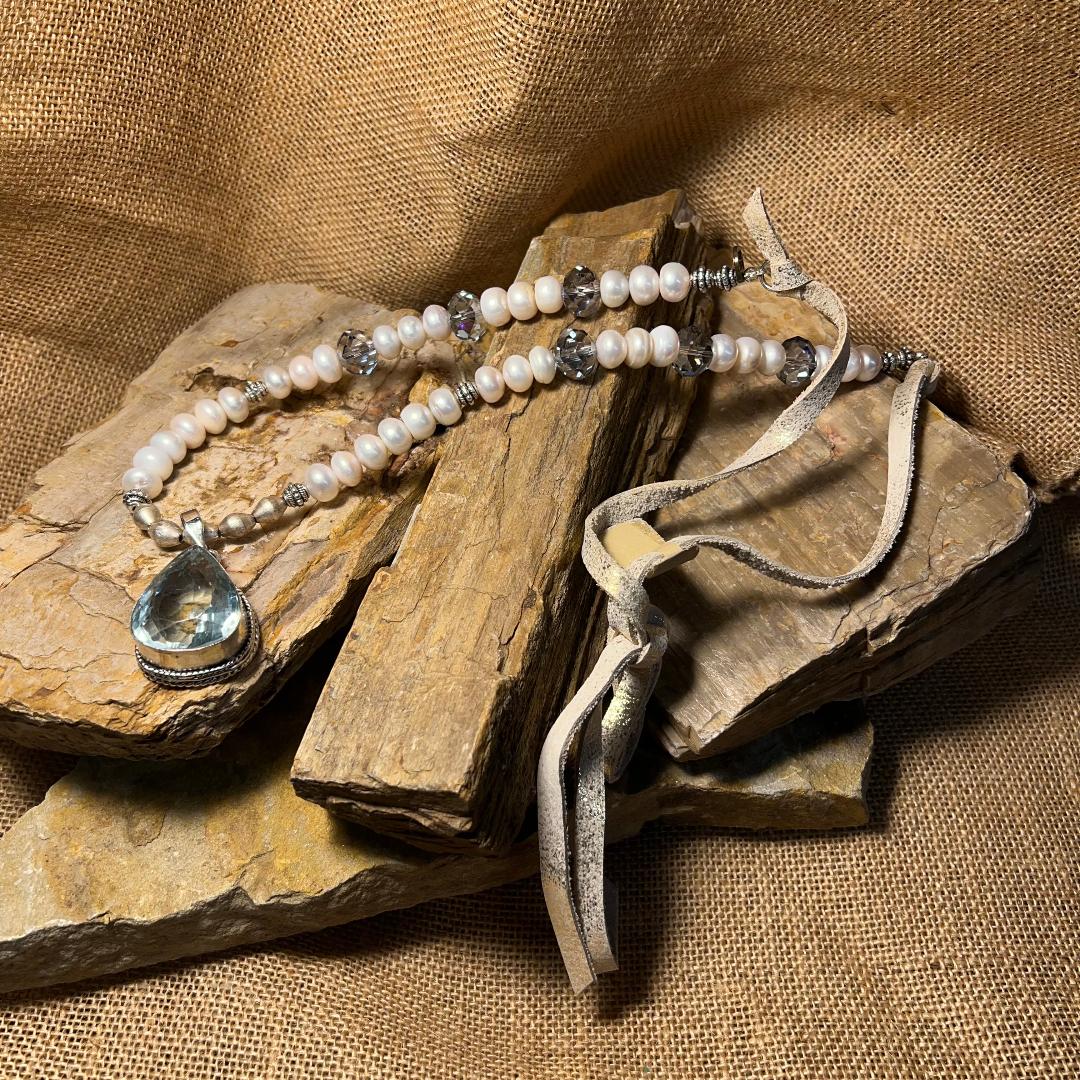 Bold Silver Pearl Bead & Teardrop Pale Ocean Pendant Necklace