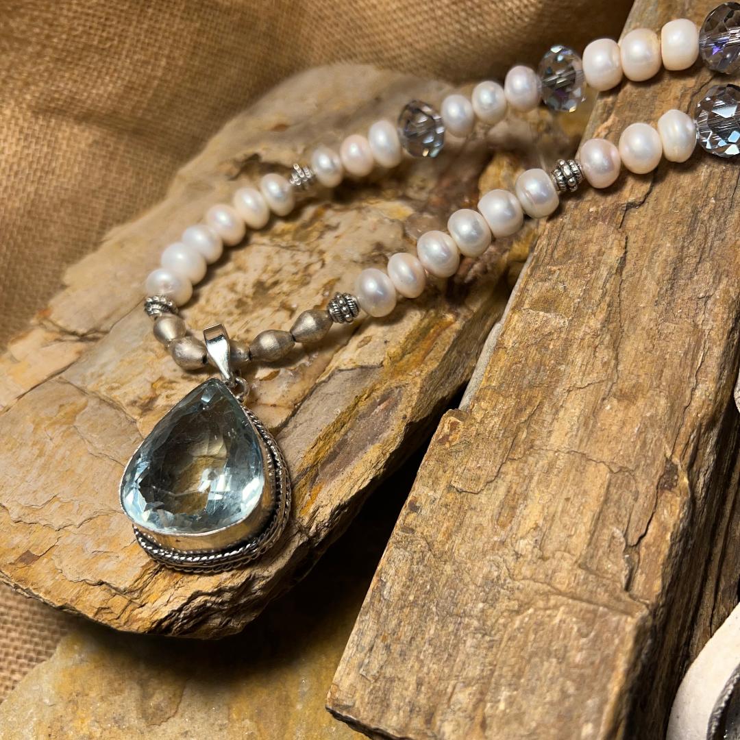 Bold Silver Pearl Bead & Teardrop Pale Ocean Pendant Necklace