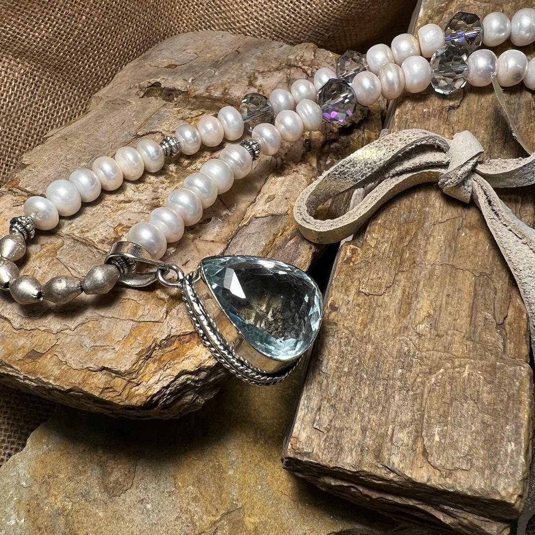 Bold Silver Pearl Bead & Teardrop Pale Ocean Pendant Necklace