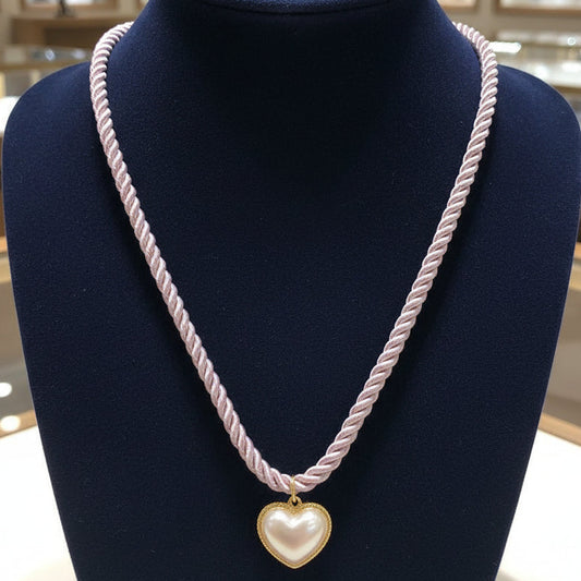 Baby Pink Rope Necklace - Pearl Heart