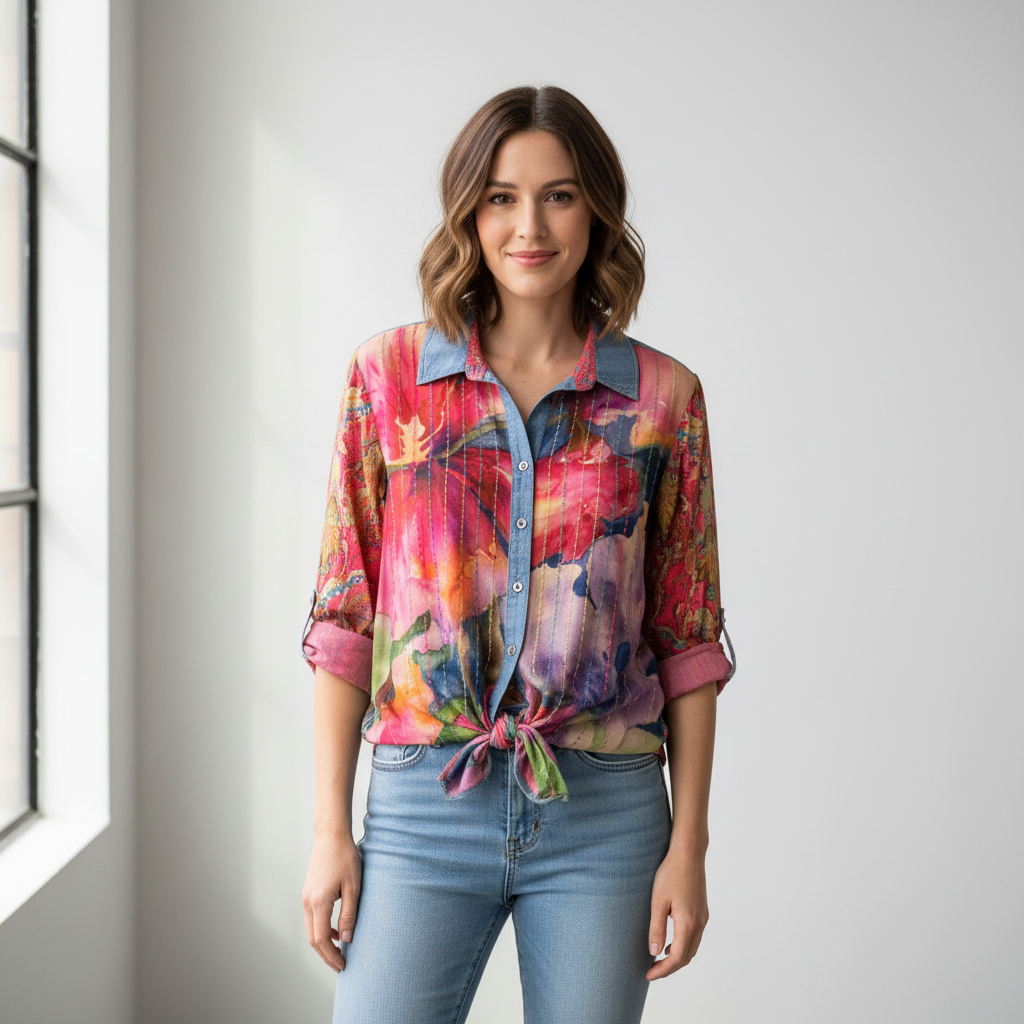 JOHN MARK WOVEN MIX PRT L/S CINCH TIE FRONT BLOUSE