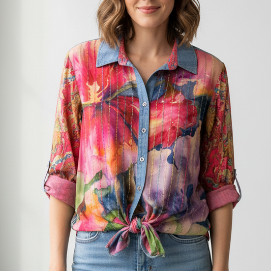 JOHN MARK WOVEN MIX PRT L/S CINCH TIE FRONT BLOUSE