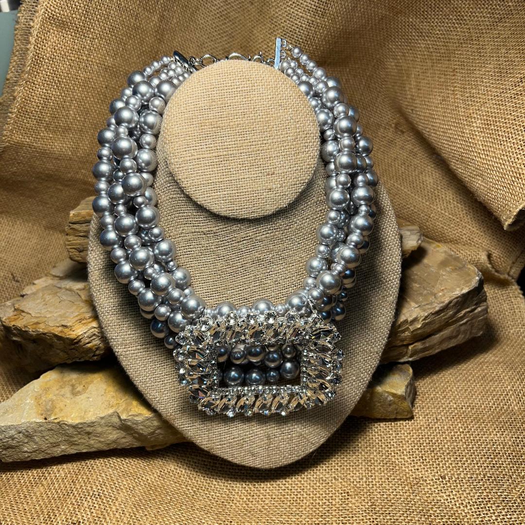 Bold Silver Pearl bead & Buckle Crystal Pendant Necklace