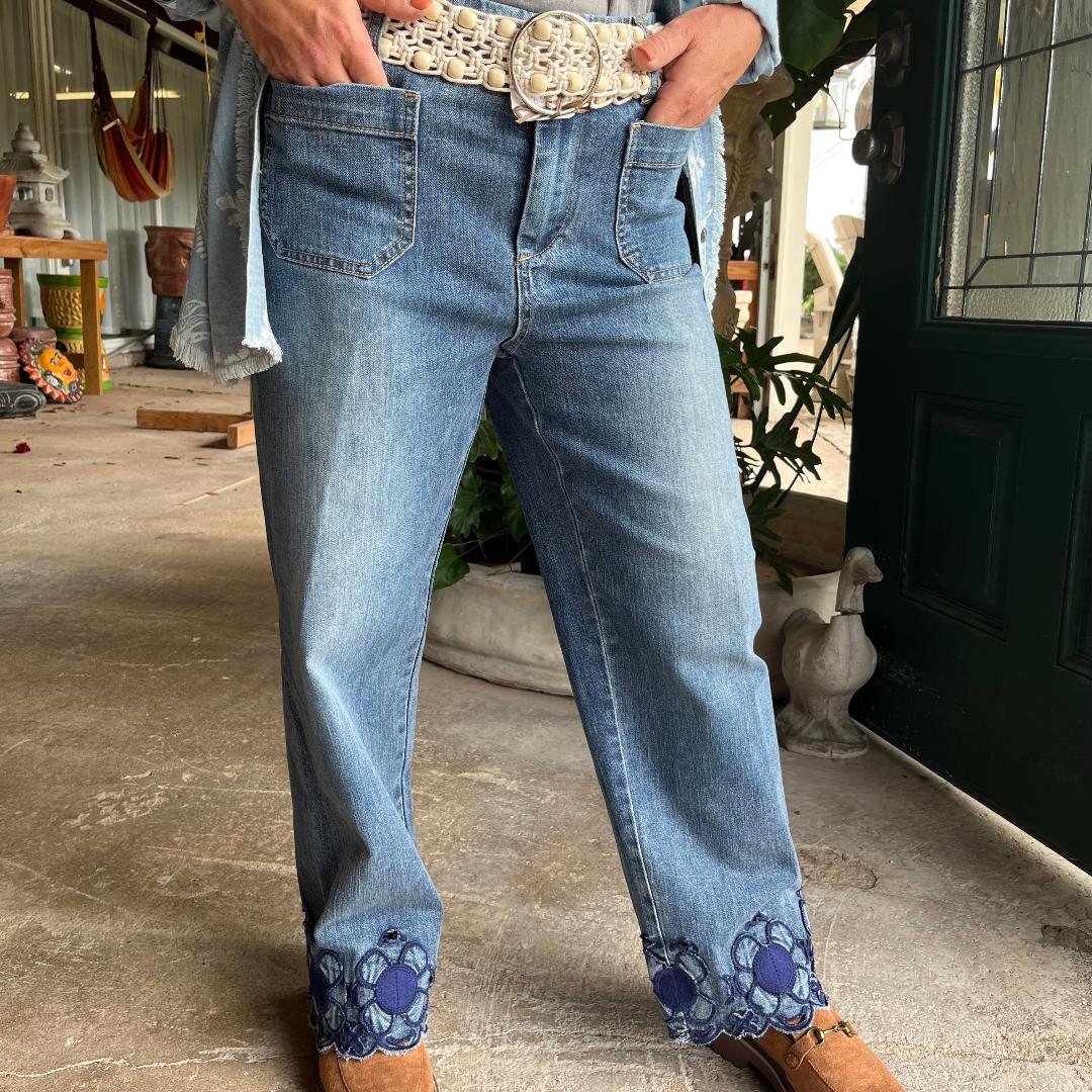Embellished Wide Leg Crop Jeans