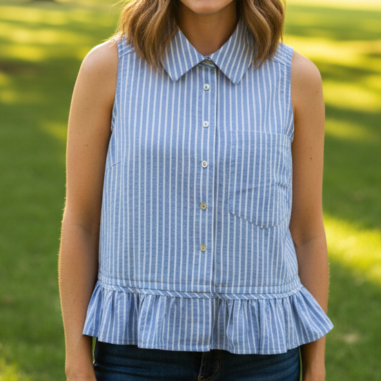 White Striped Blue Sleeveless Top