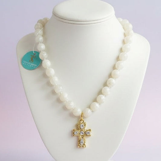 White Beaded Cross Necklace