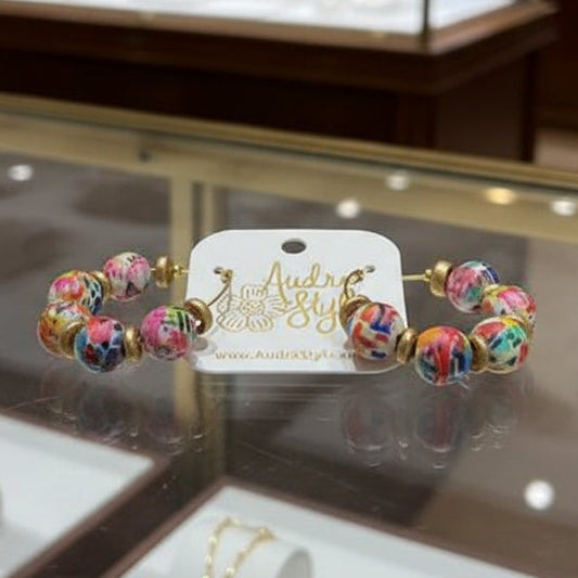 Beaded Hoop Earring - Rainbow Abstract