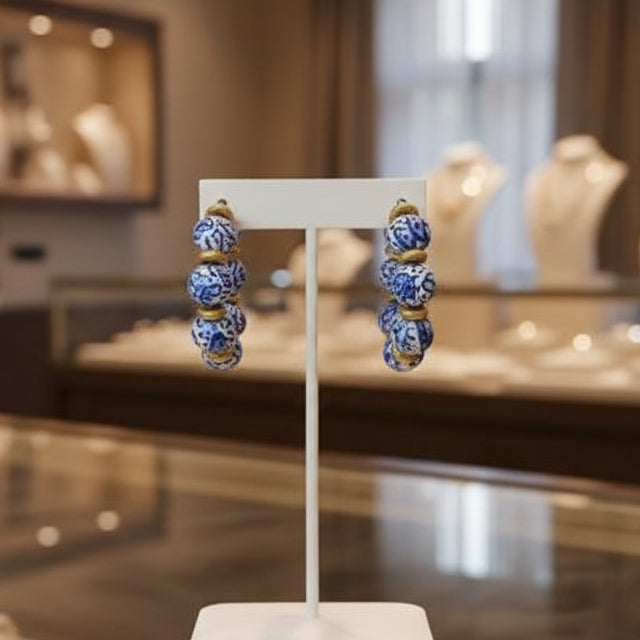 Beaded Hoop Earring Blue and White Chinoiserie