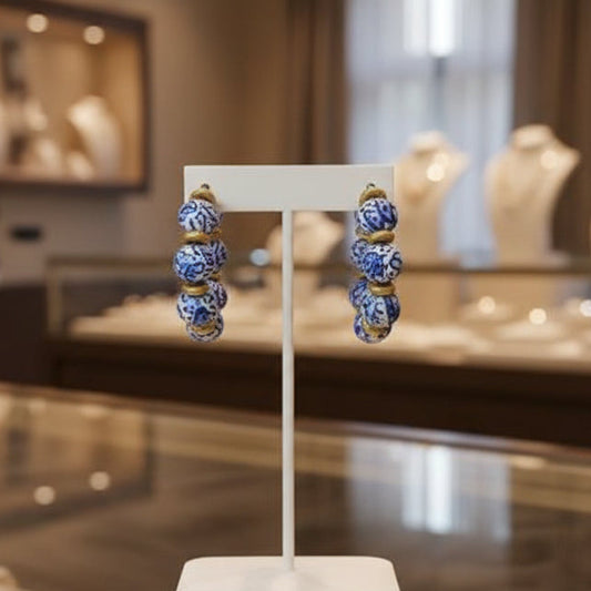 Beaded Hoop Earring Blue and White Chinoiserie