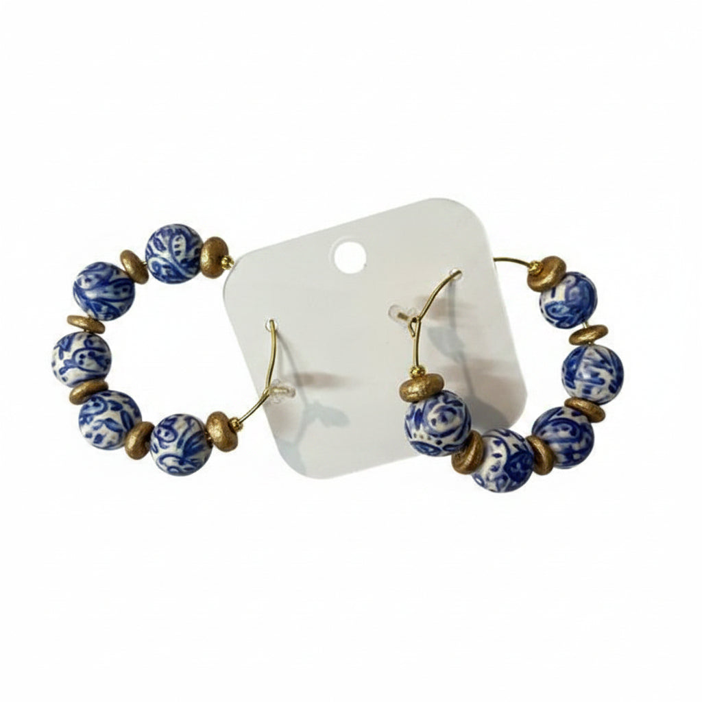 Beaded Hoop Earring Blue and White Chinoiserie