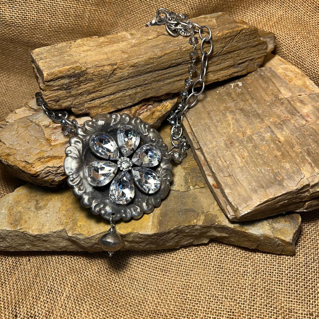 Bold Crystal Flower Metal Necklace