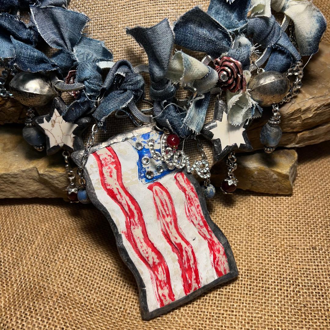 Choker Style Denim US Flag Adorned Necklace