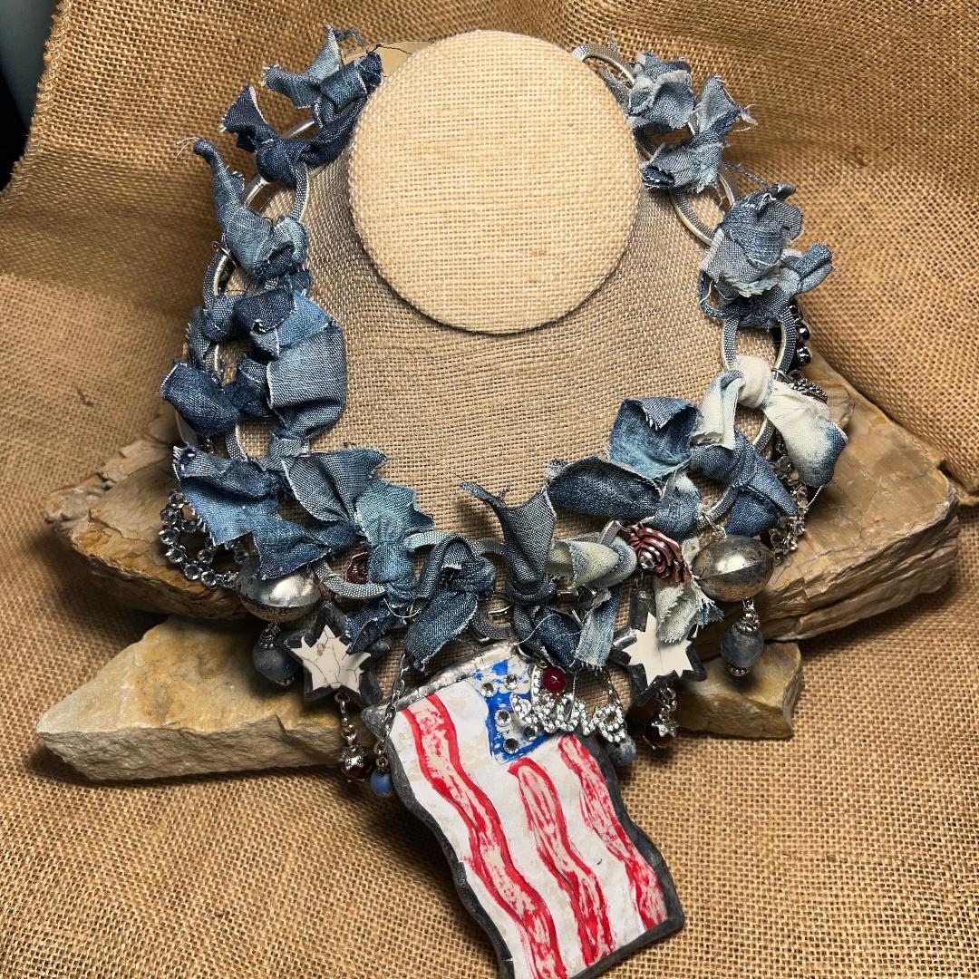 Choker Style Denim US Flag Adorned Necklace