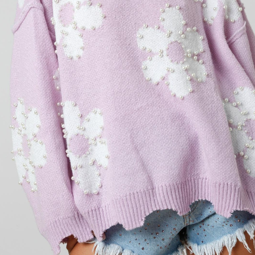 Lavender Floral Print Sweater with Pearl Detail