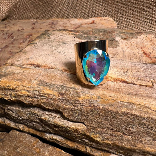 Gold & Aqua Teardrop Rhinestone Adjustable Ring