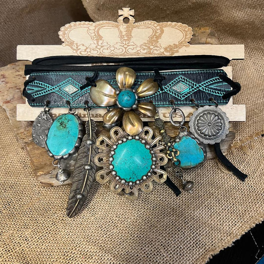 Gorgeous Statement Turquoise Daisy and Feather Adjustable Choker
