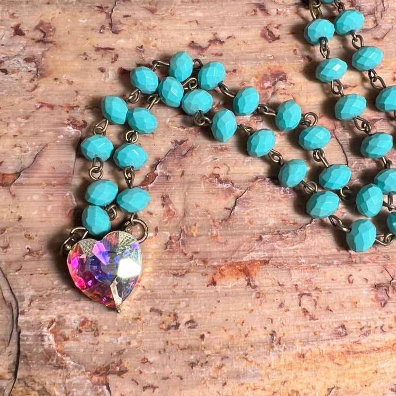 Turquoise Bead AB Crystal Heart Necklace