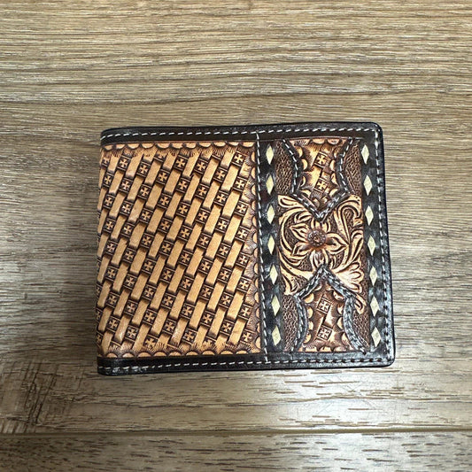 Floral Carving Basket Tooling Rawhide Buckstitch Twisted X Wallet