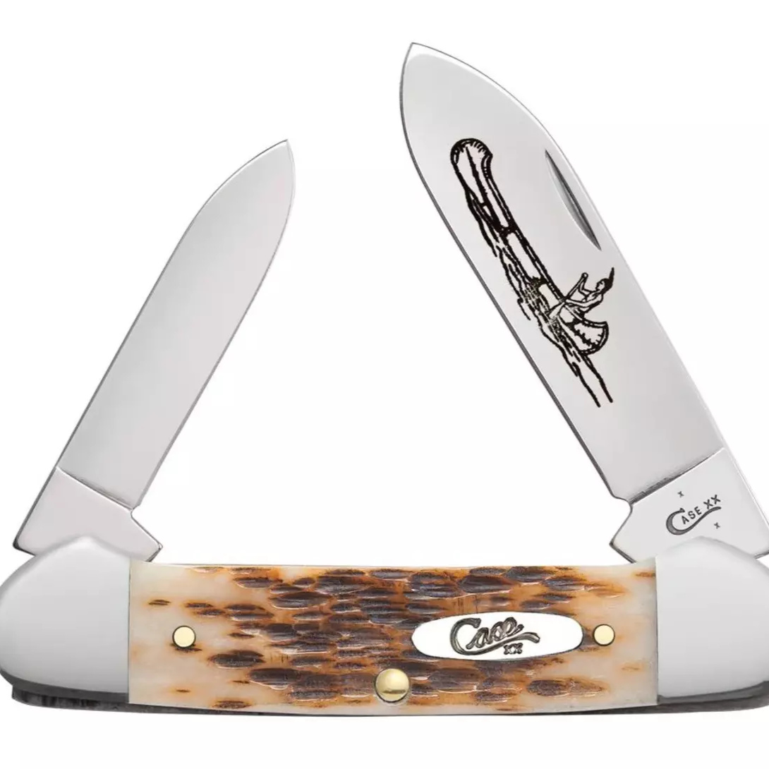 Amber Bone Peach Seed Jig Chrome Canoe Knife