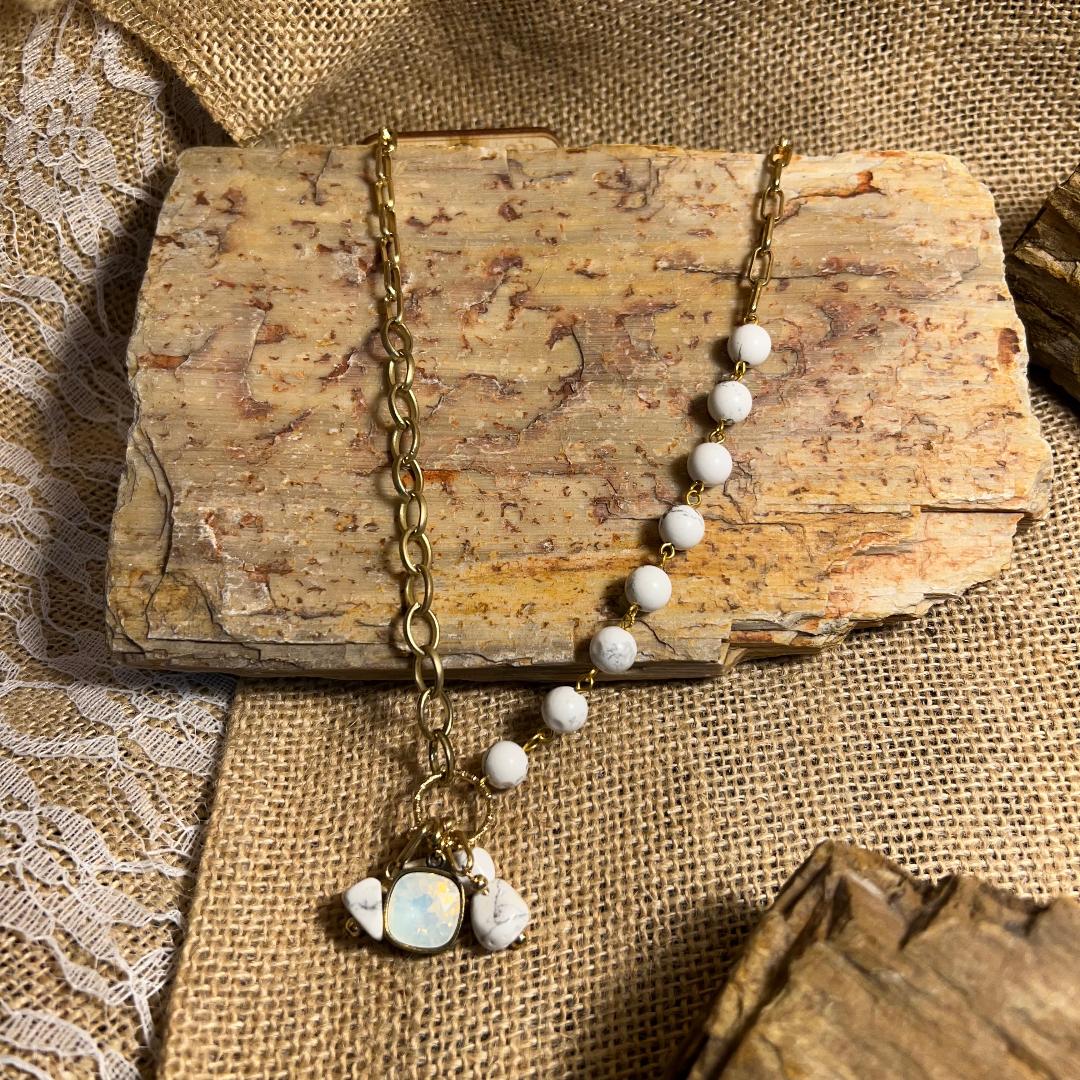 White Jasper Bead & Gold Chain Necklace