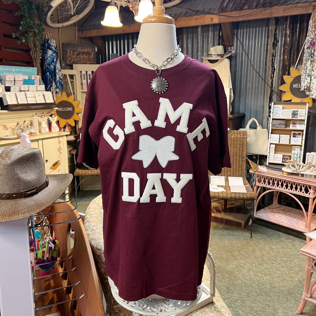 Game Day White Bow on Maroon Crew Neck Tee