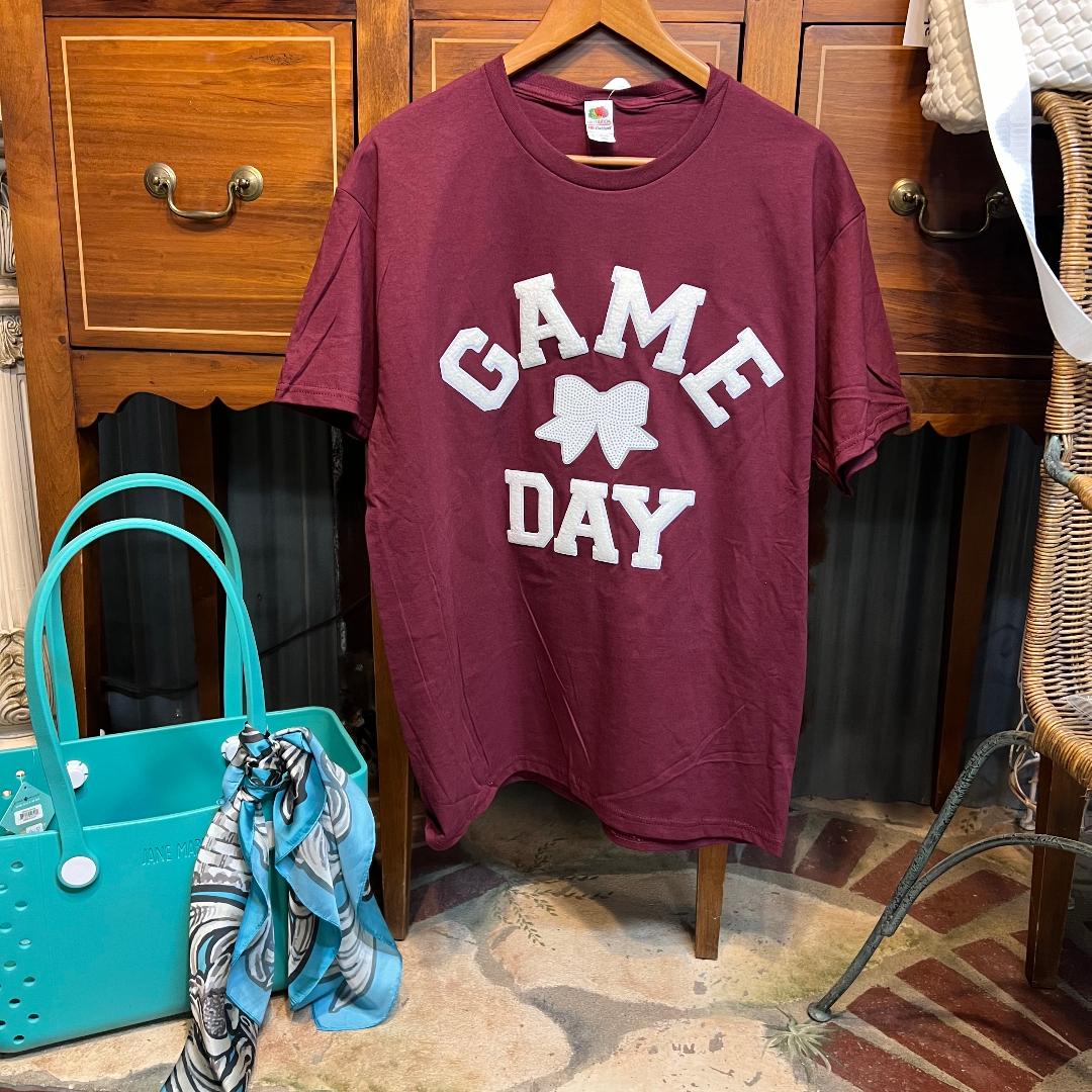 Game Day White Bow on Maroon Crew Neck Tee