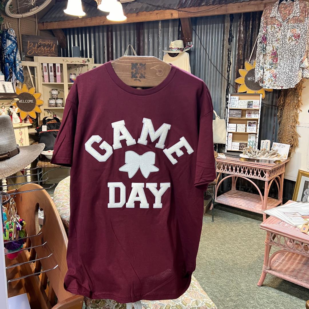 Game Day White Bow on Maroon Crew Neck Tee