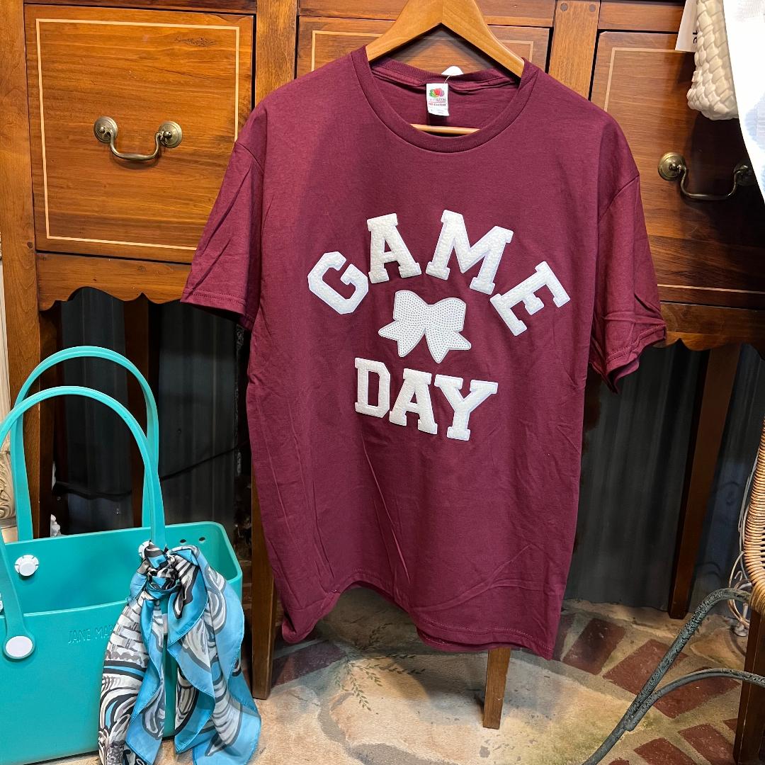 Game Day White Bow on Maroon Crew Neck Tee