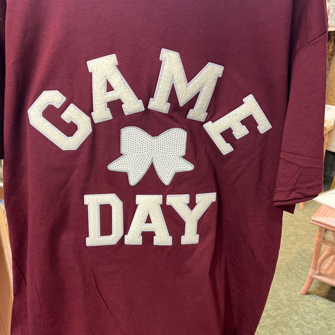 Game Day White Bow on Maroon Crew Neck Tee