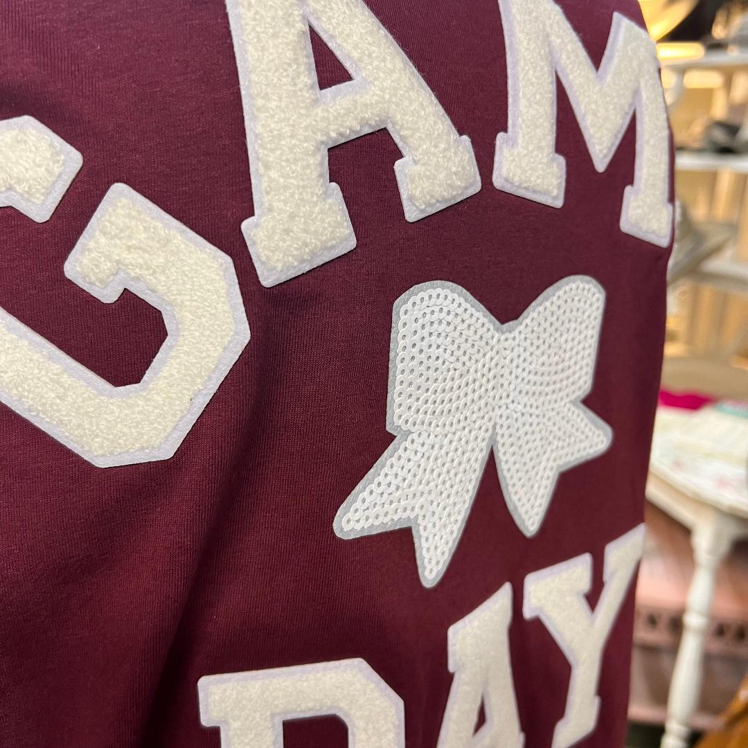 Game Day White Bow on Maroon Crew Neck Tee