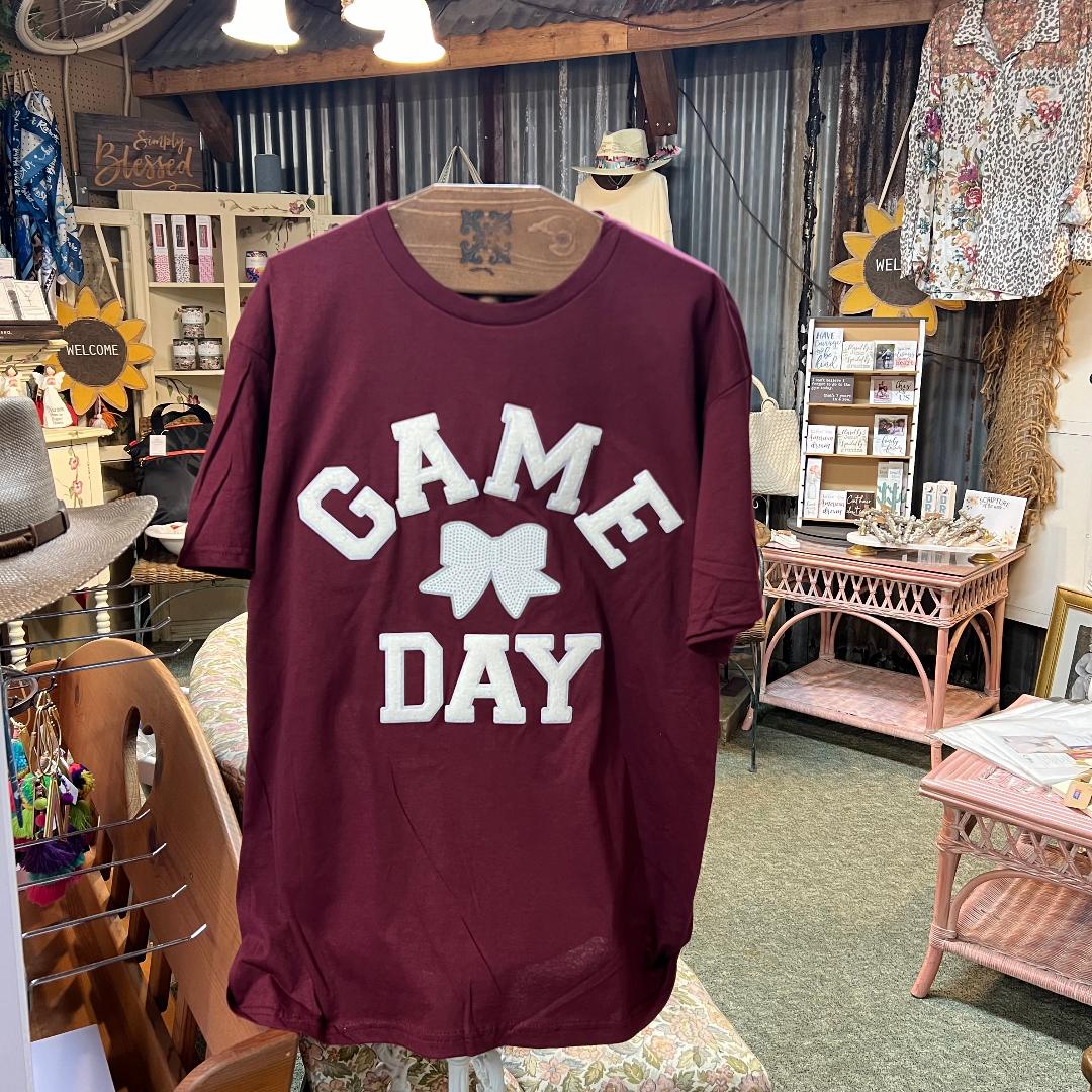 Game Day White Bow on Maroon Crew Neck Tee