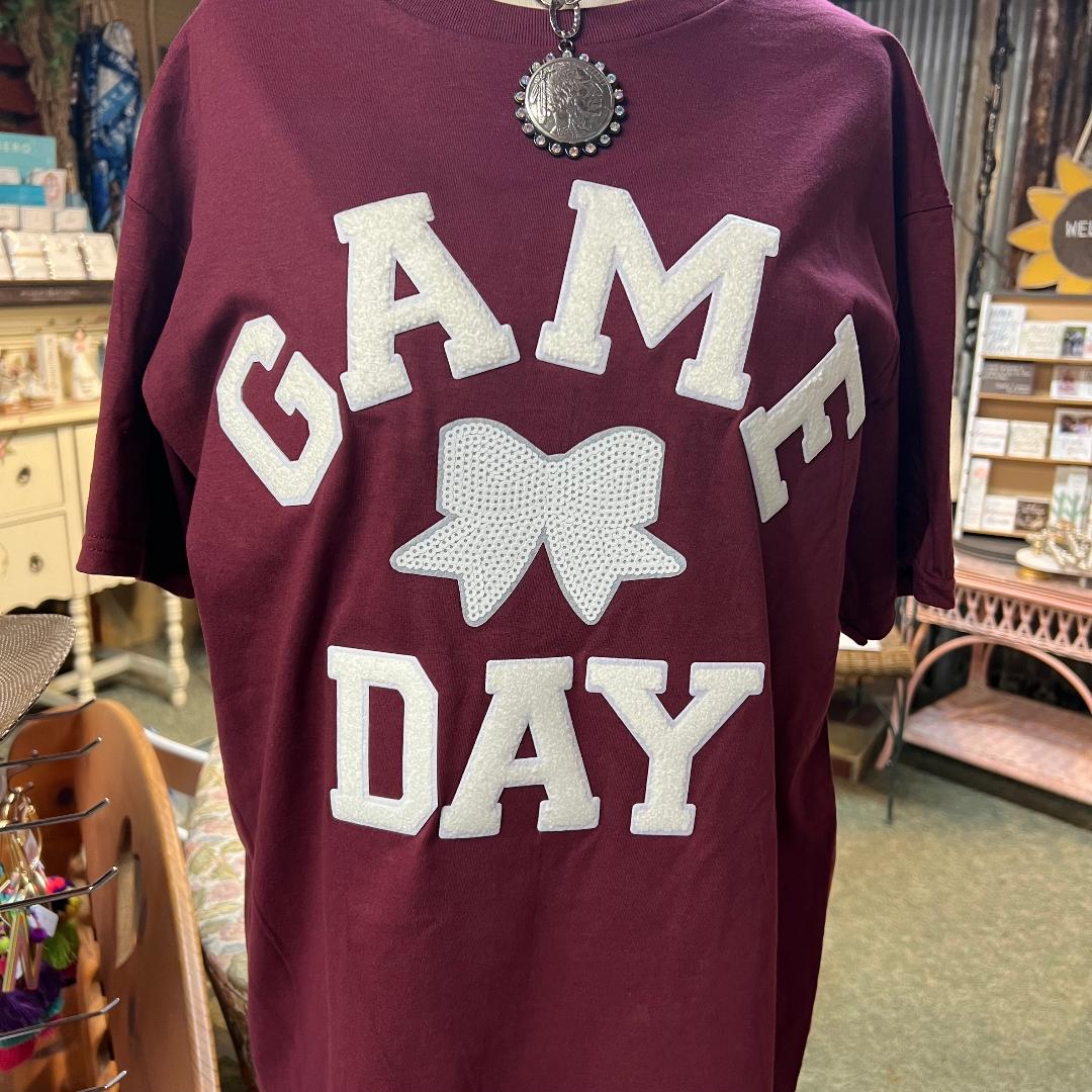 Game Day White Bow on Maroon Crew Neck Tee