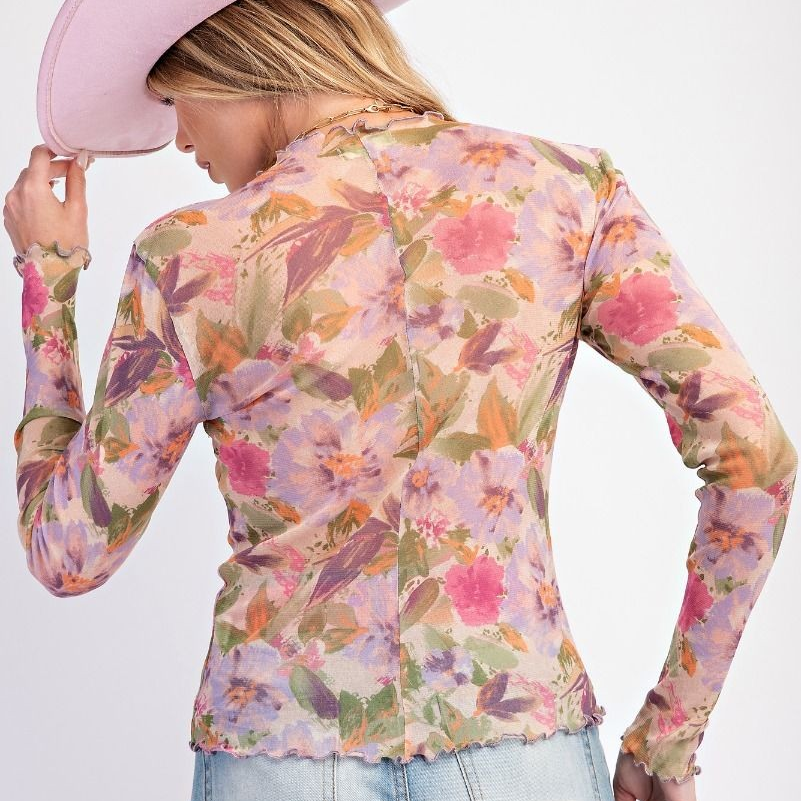 Floral Printed Shear Mesh Fitted Top