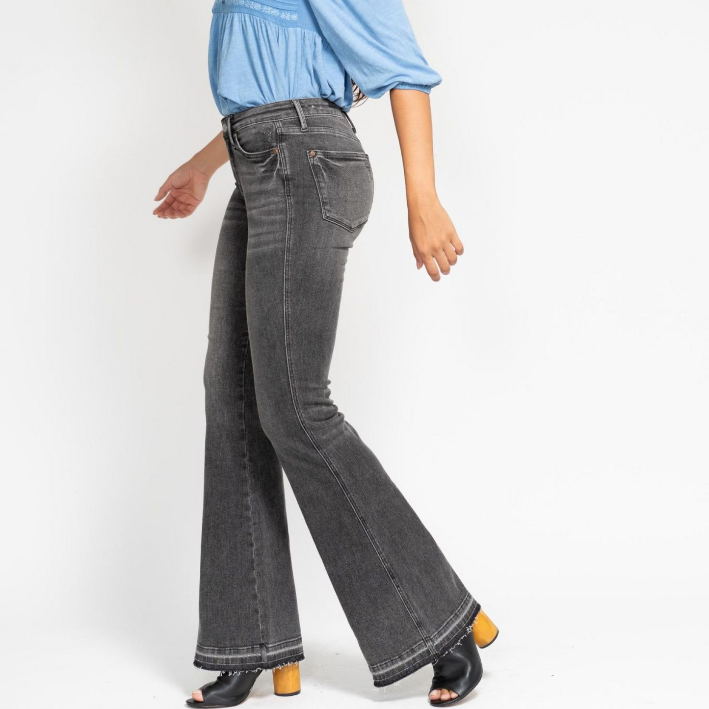 Midrise Tummy Control Washed Gray Release Hem Flare