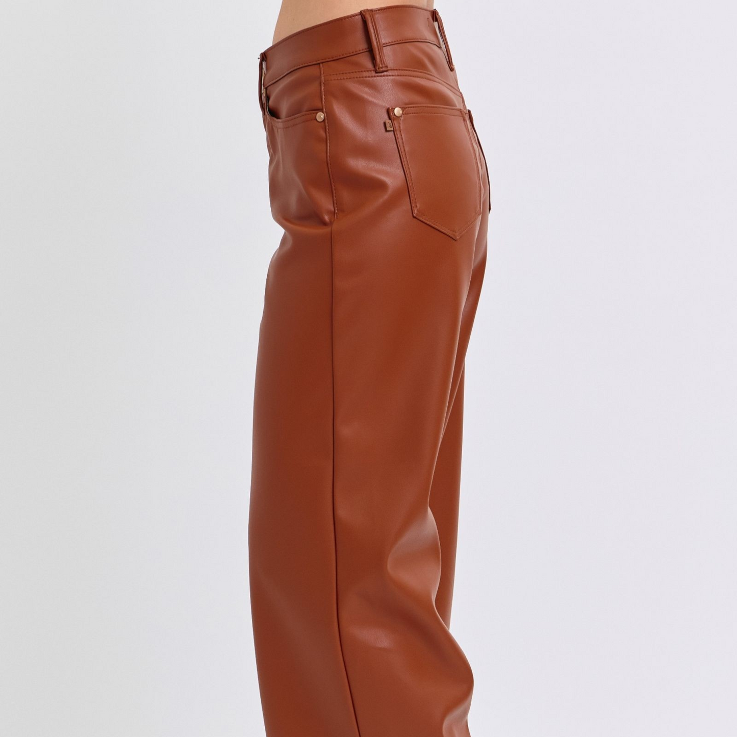 High Waist Tummy Control Camel Faux Leather Crop Wide Leg