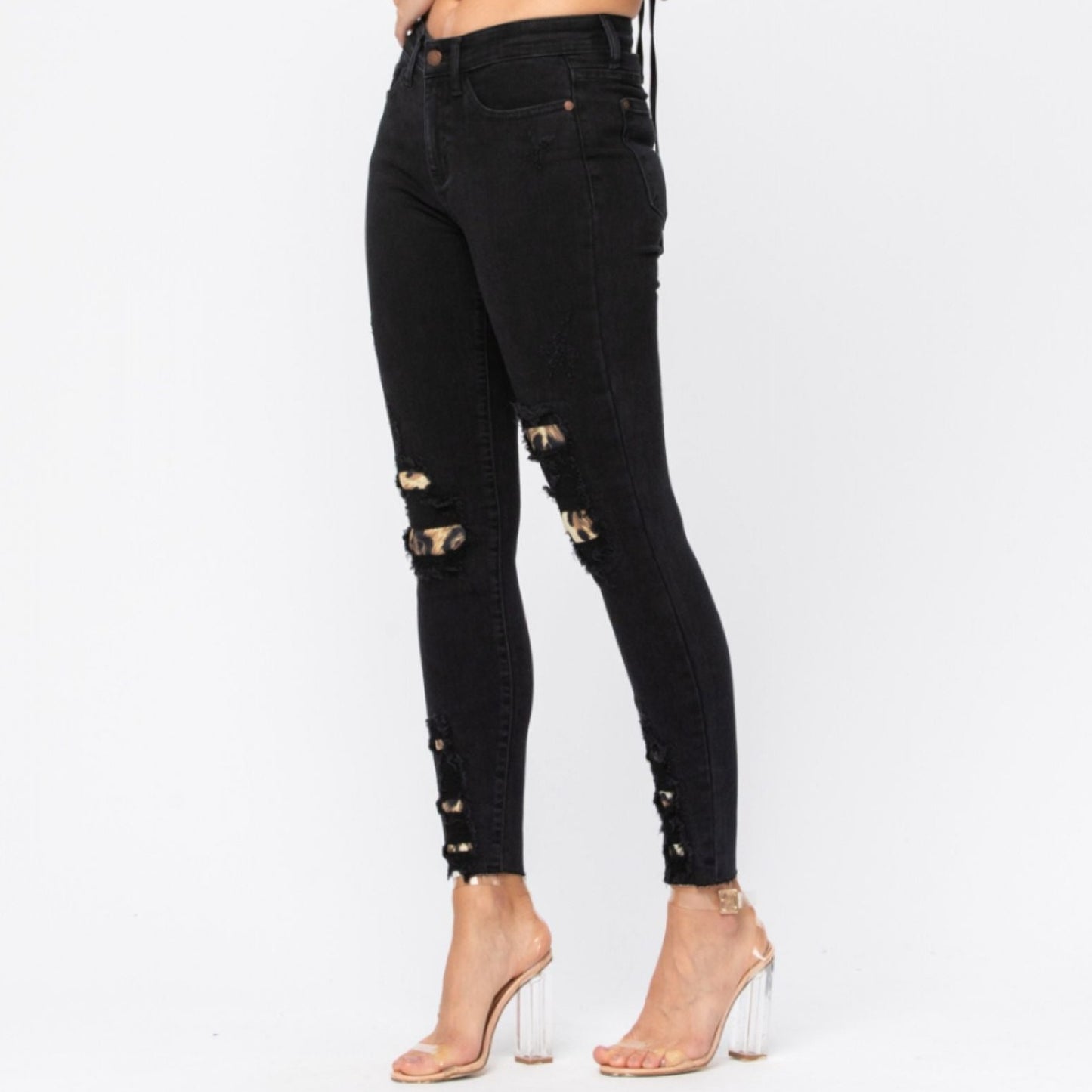 Black Destroyed Leopard Patch Skinny Jeans (REG & PLUS)