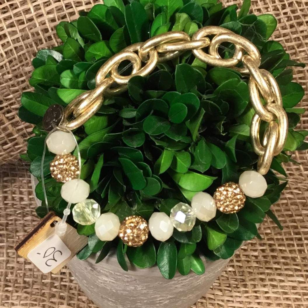 Gold, Clear & White Bead with Gold Chain Stretch Bracelet