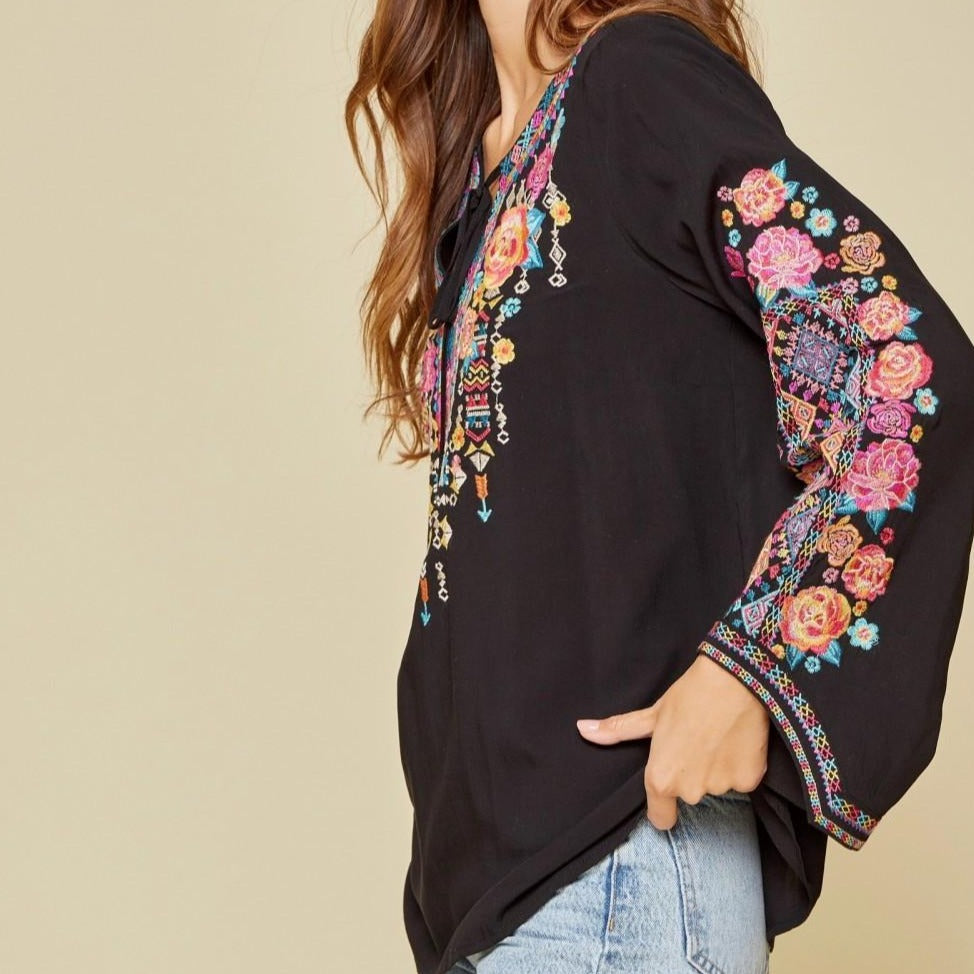 Bell Sleeve Black/Floral Tunic
