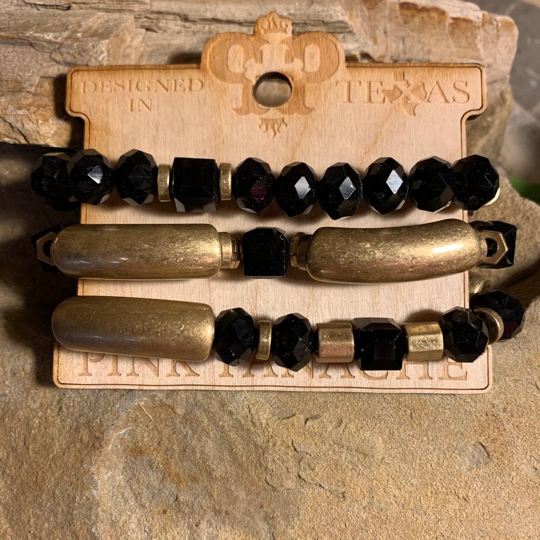Black Onyx Stones and Gold Bar Bead Stretch Bracelet